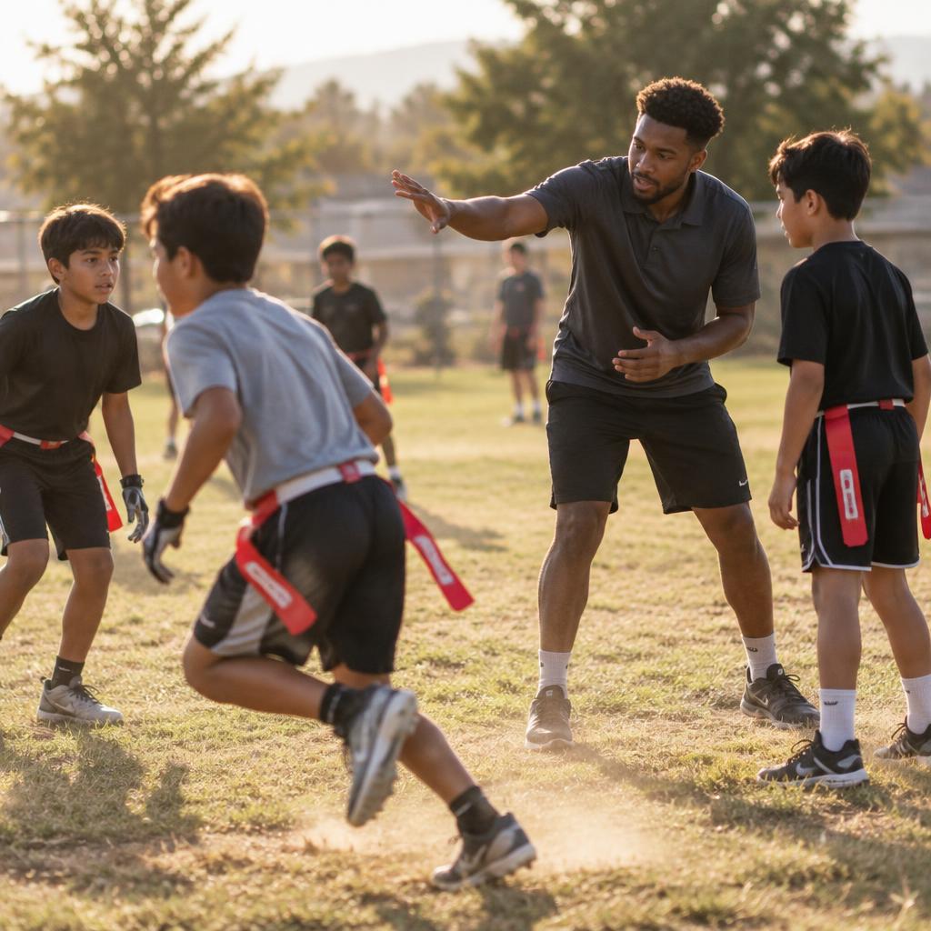 Coach teaching a route to two young flag football players on the field