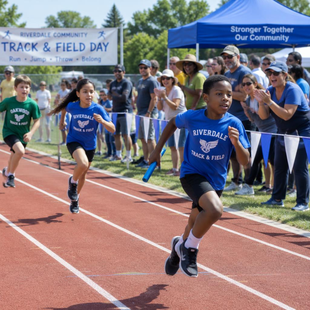 Kids running a relay at community track and field day