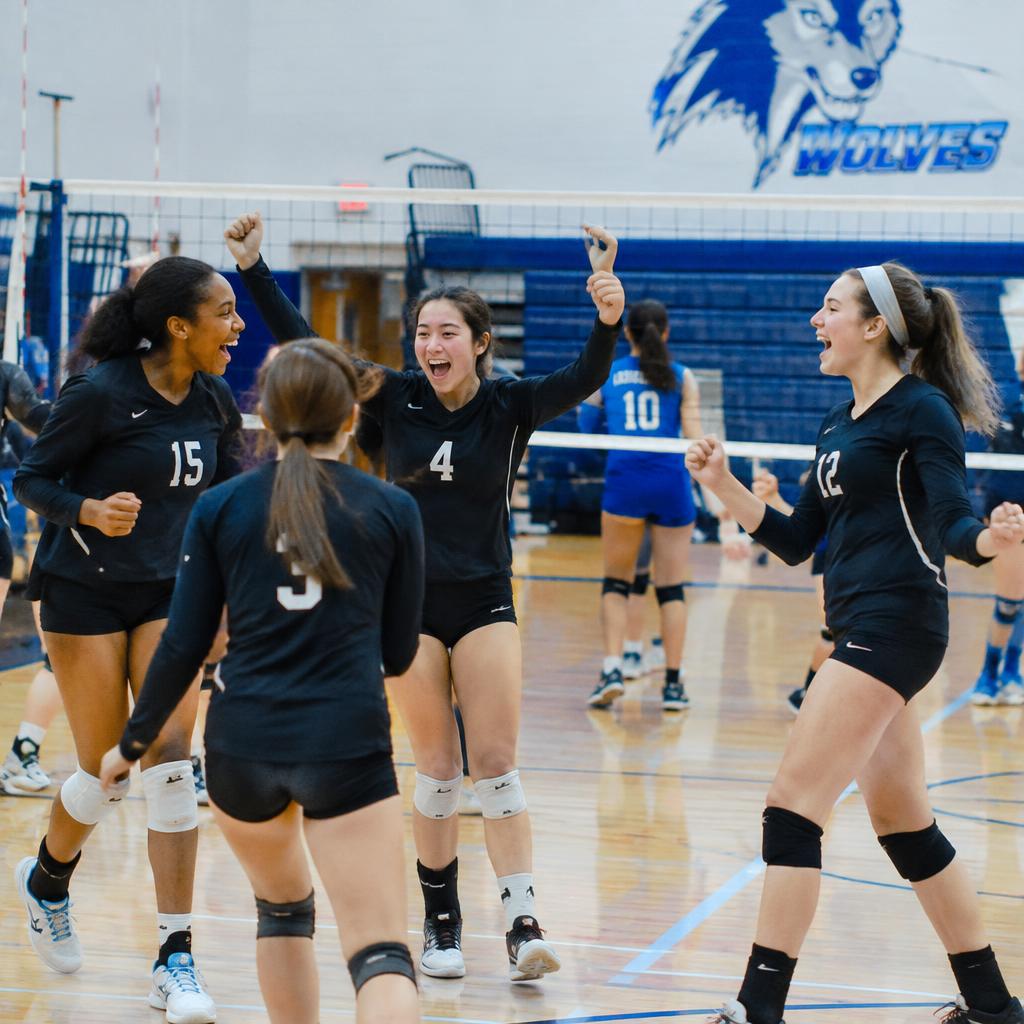 Girls volleyball team celebrating a point