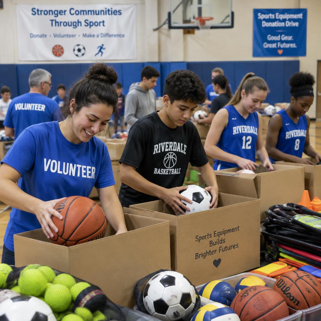 Volunteers and athletes packing donated sports equipment