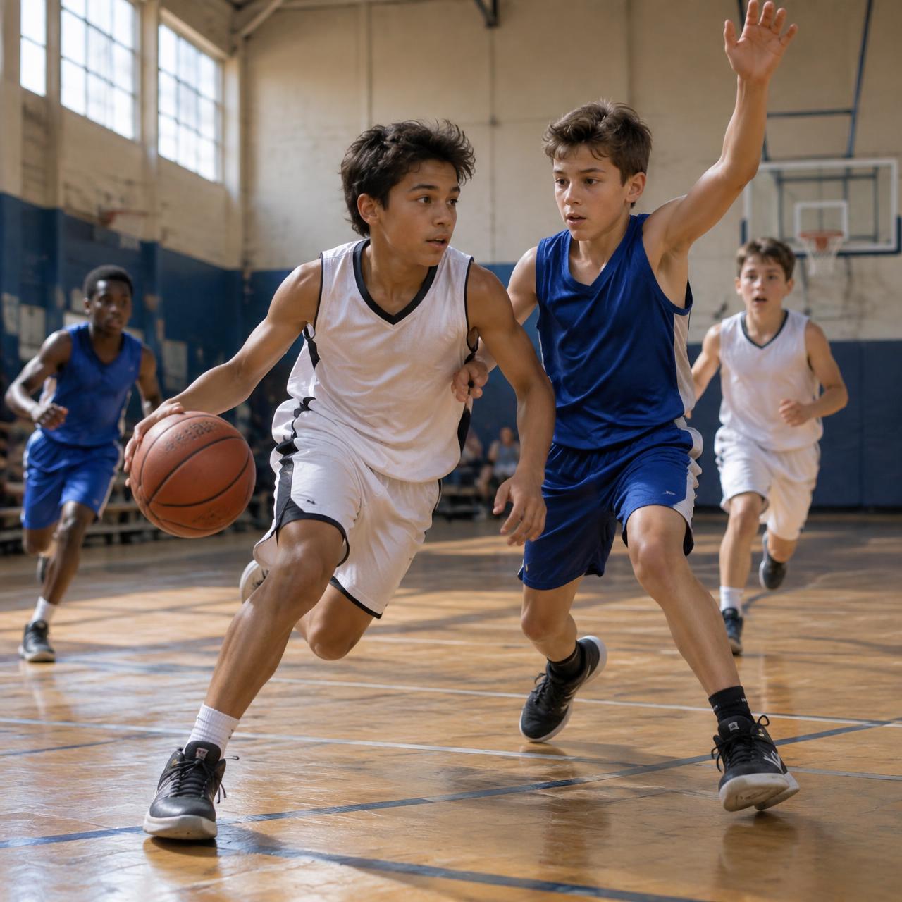Young athletes competing in a basketball game